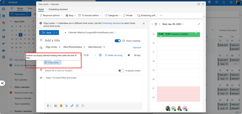 Navigate to the “Find a time” option in Outlook for the web