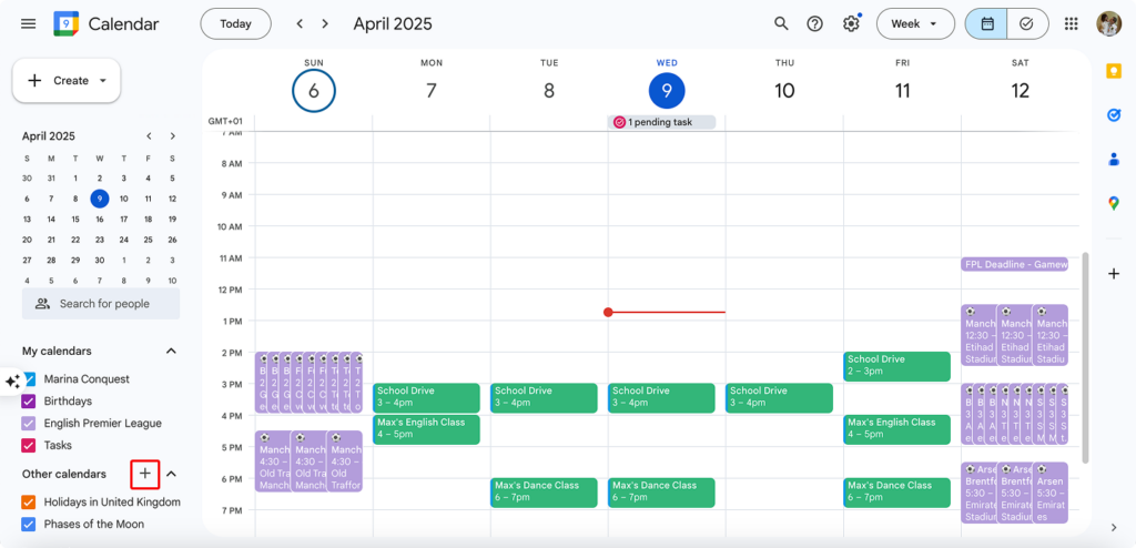Navigating to “Other calendars” in Google calendar