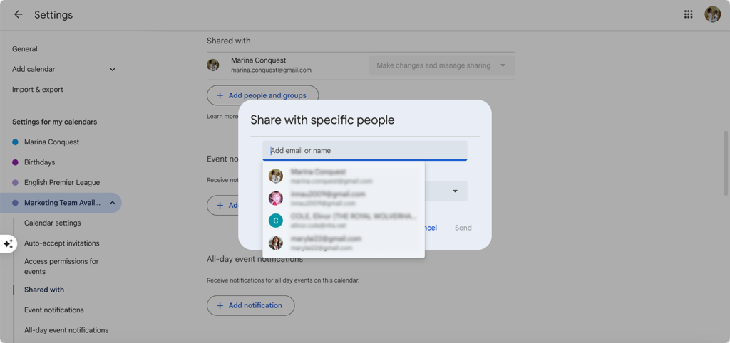 Sharing your calendar with specific people