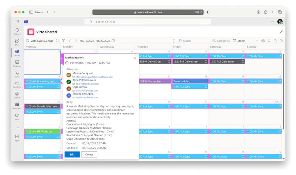 Virto Shared Calendar example