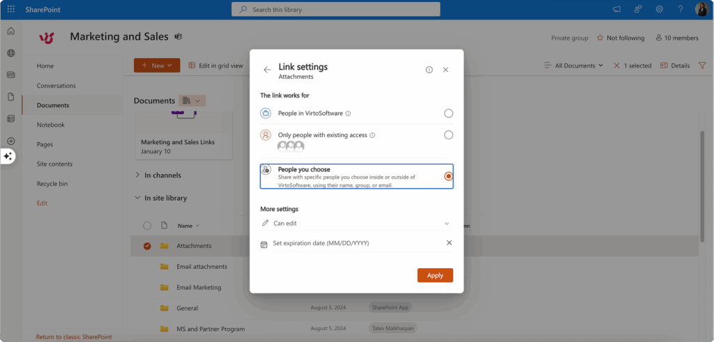 Setting advanced sharing options.