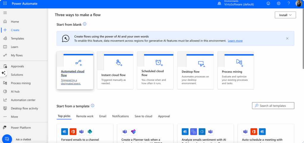Choosing a type of flow to create