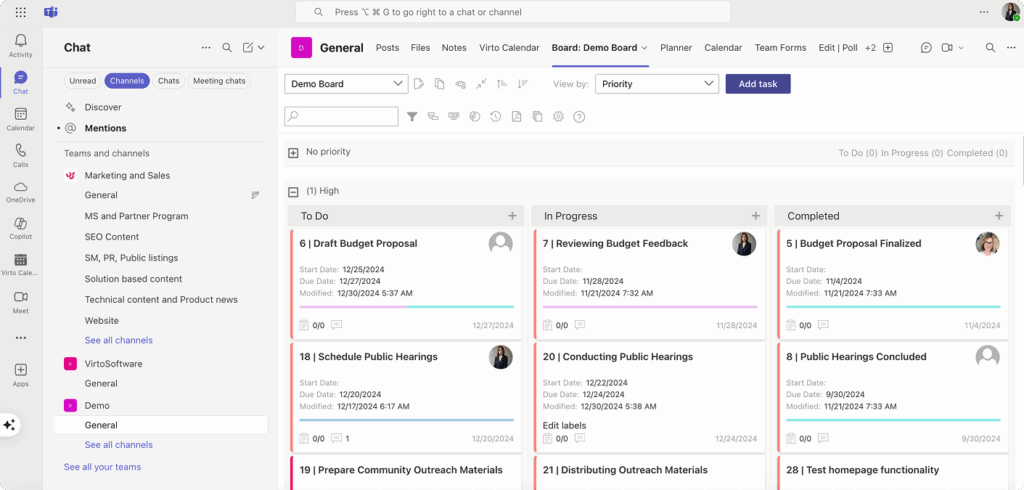 Example Virto Kanban Board App within Teams.