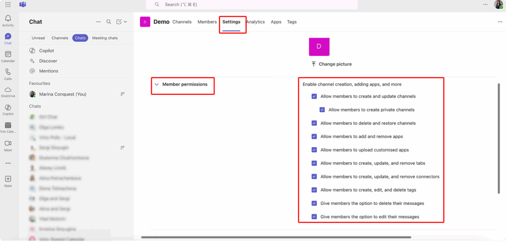 Managing permissions within the Teams admin settings. 