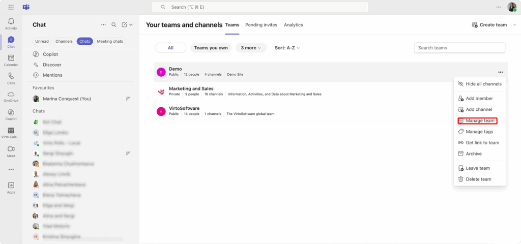Navigating to the “Manage team” section in Teams. 