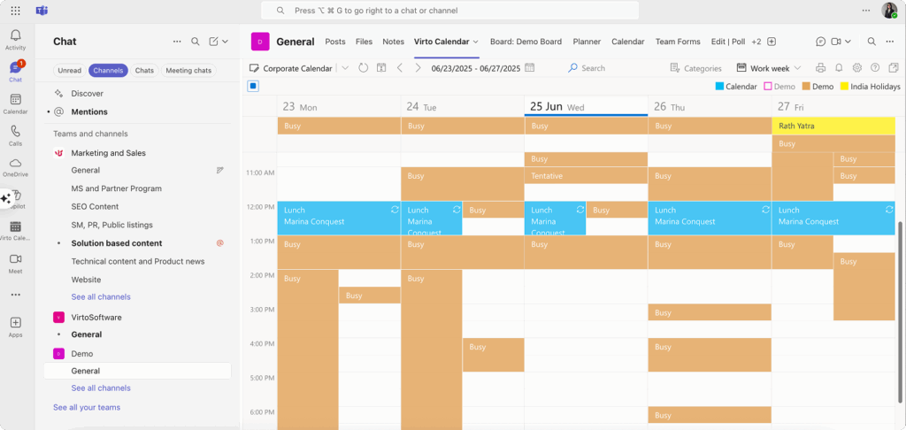 Example Virto Calendar App in Teams