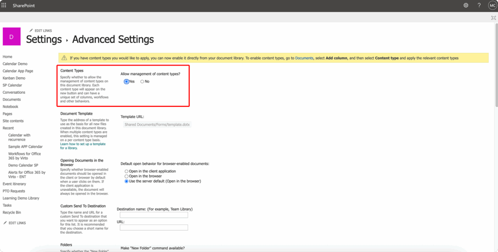 Allowing content types in advanced settings