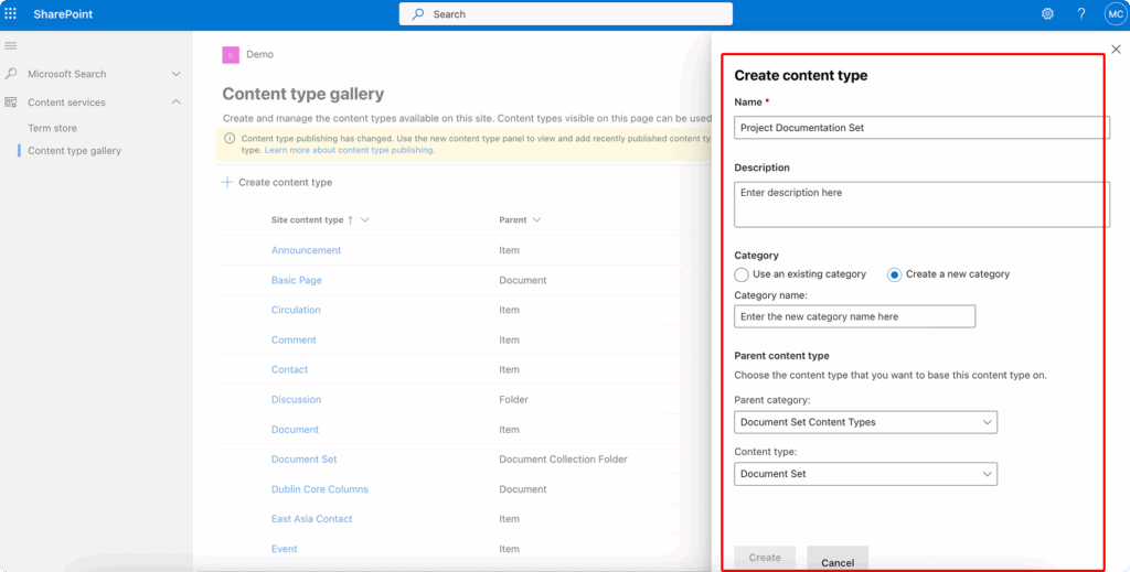 Filling out a ‘Create content type’ form
