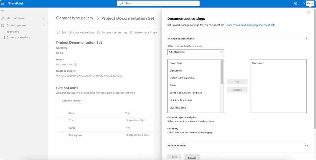 Locating ‘Document set settings’