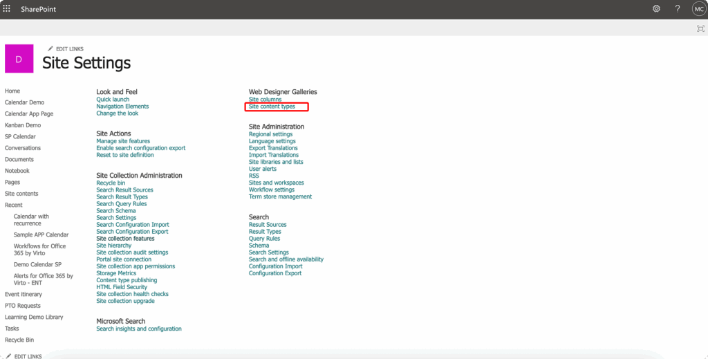 Locating ‘Site content types’