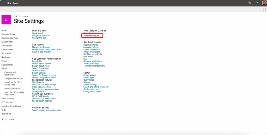 Navigating back to ‘Site Settings’ → ‘Site content types