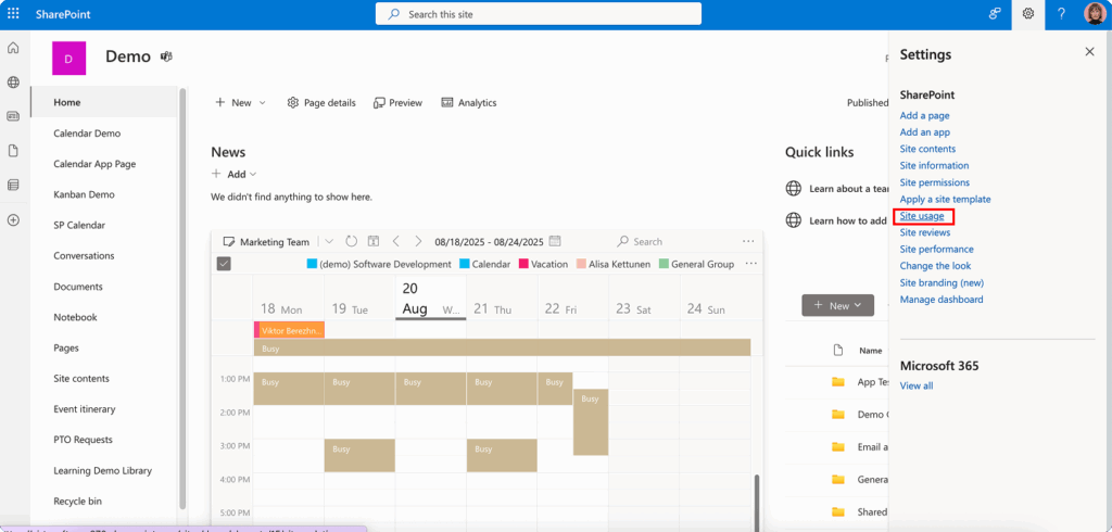 Navigating to the ‘Site usage’ on the SharePoint site