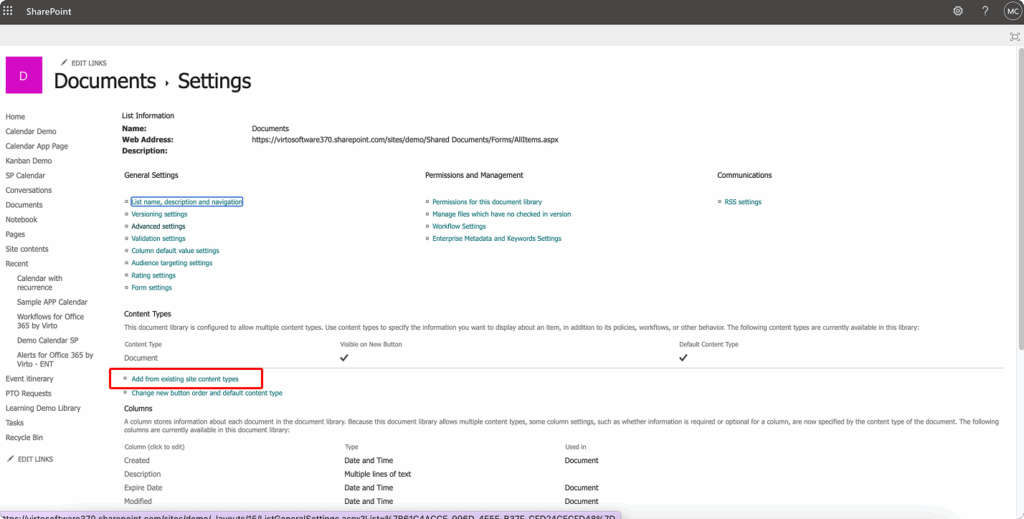 Navigating to ‘Add from existing site content types’ in the library settings
