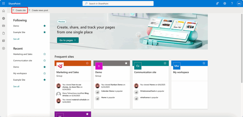 Navigating to ‘+Create site’ in SharePoint Online