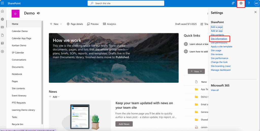 Navigating to ‘Site information’ on SharePoint site