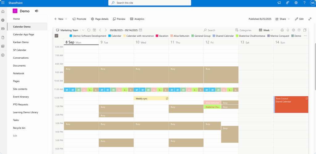 Sample Virto Calendar within SharePoint site