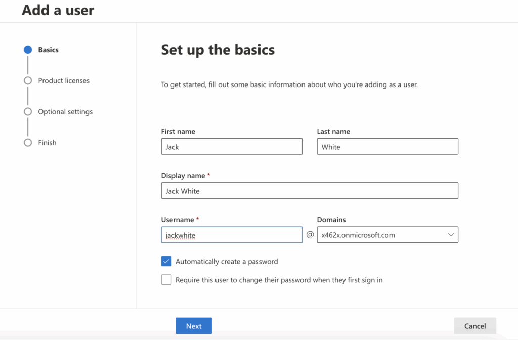 Adding a user in M365 admin center