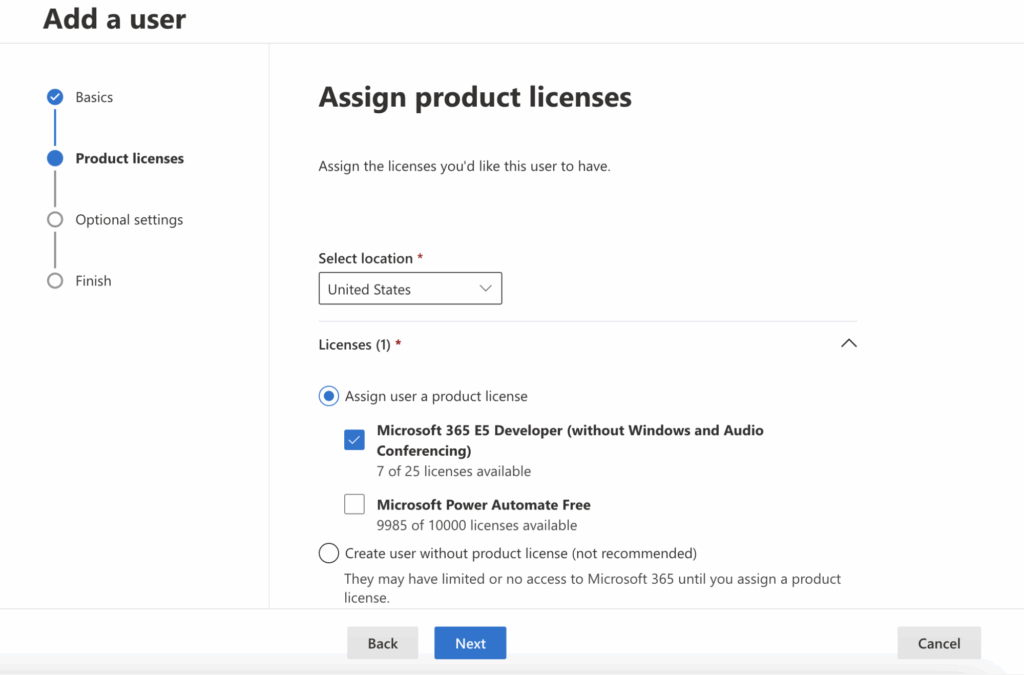 Assigning user a product license in M365 admin center