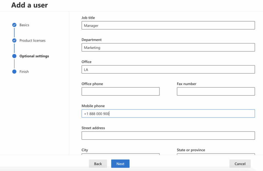 Filling in user info in M36 admin center