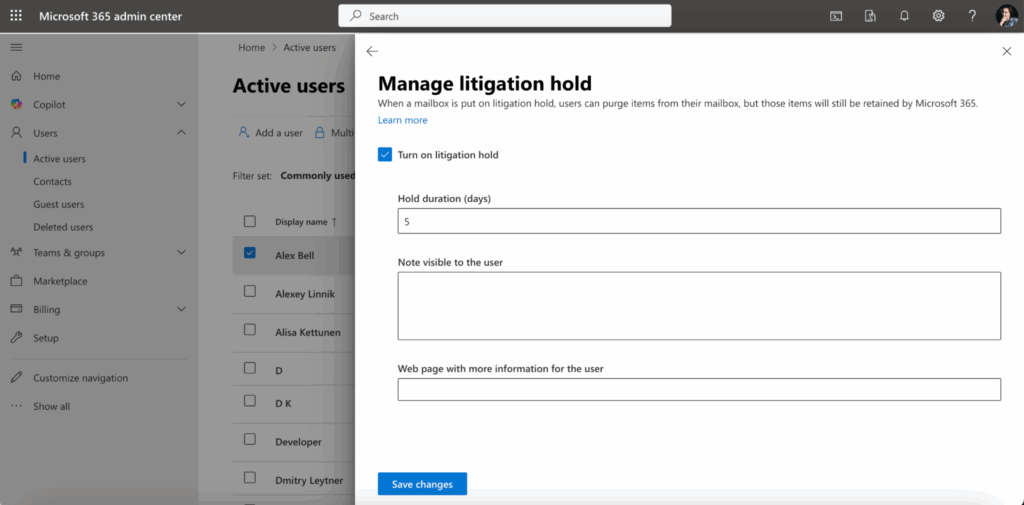 Managing litigation hold in M365 admin center