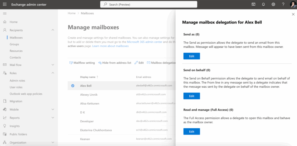 Managing mailbox delegation in exchange admin center