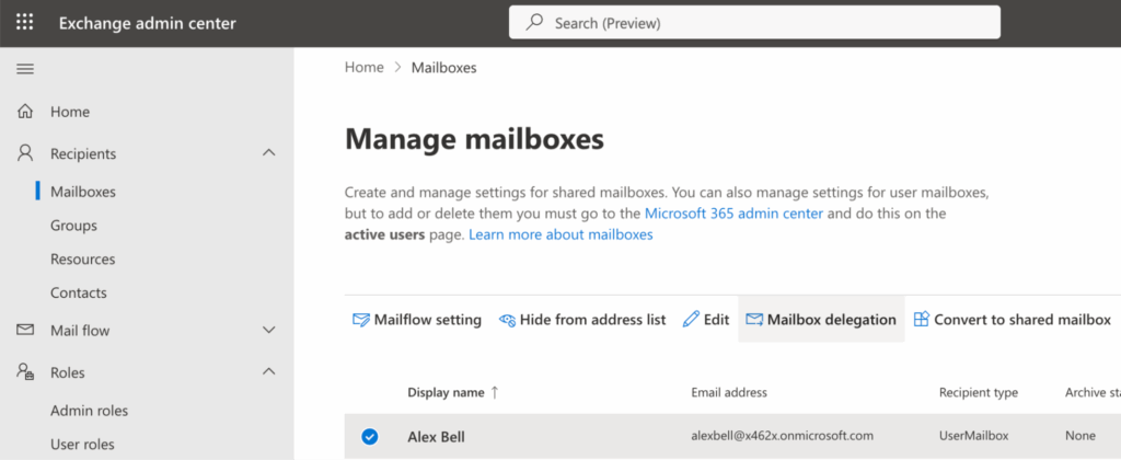Managing mailboxes in exchange admin center