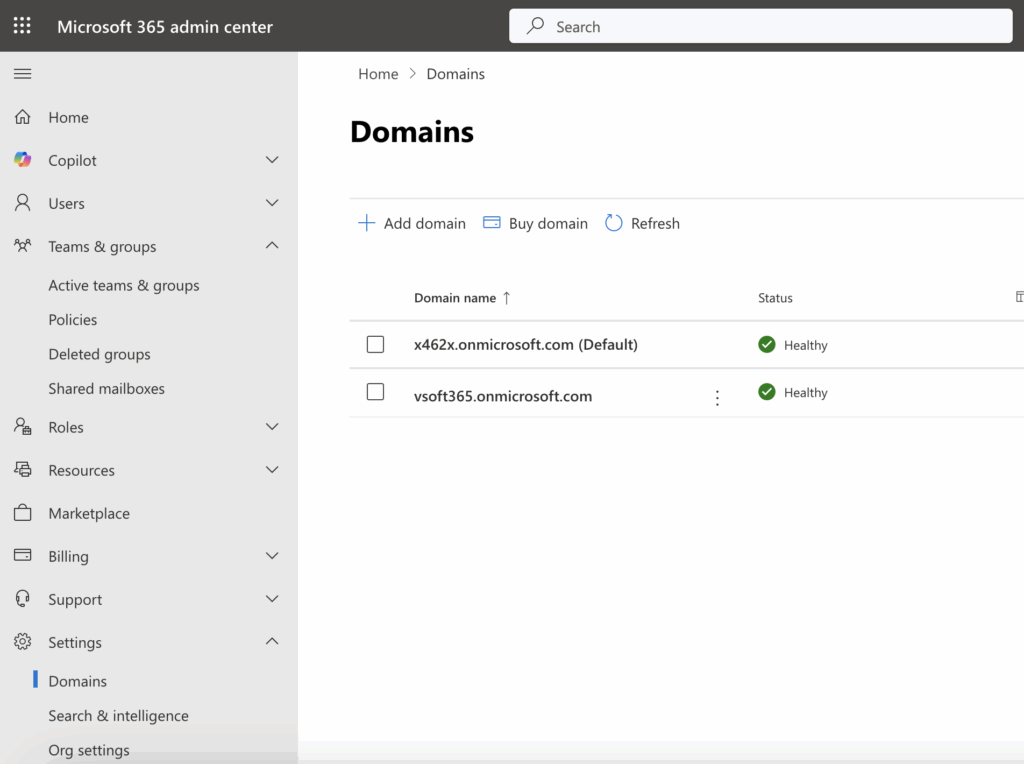 Microsoft 365 Admin Center - Domain settings