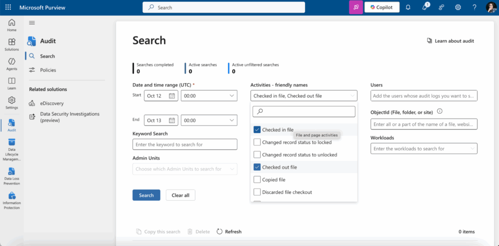 Microsoft Purview search activities