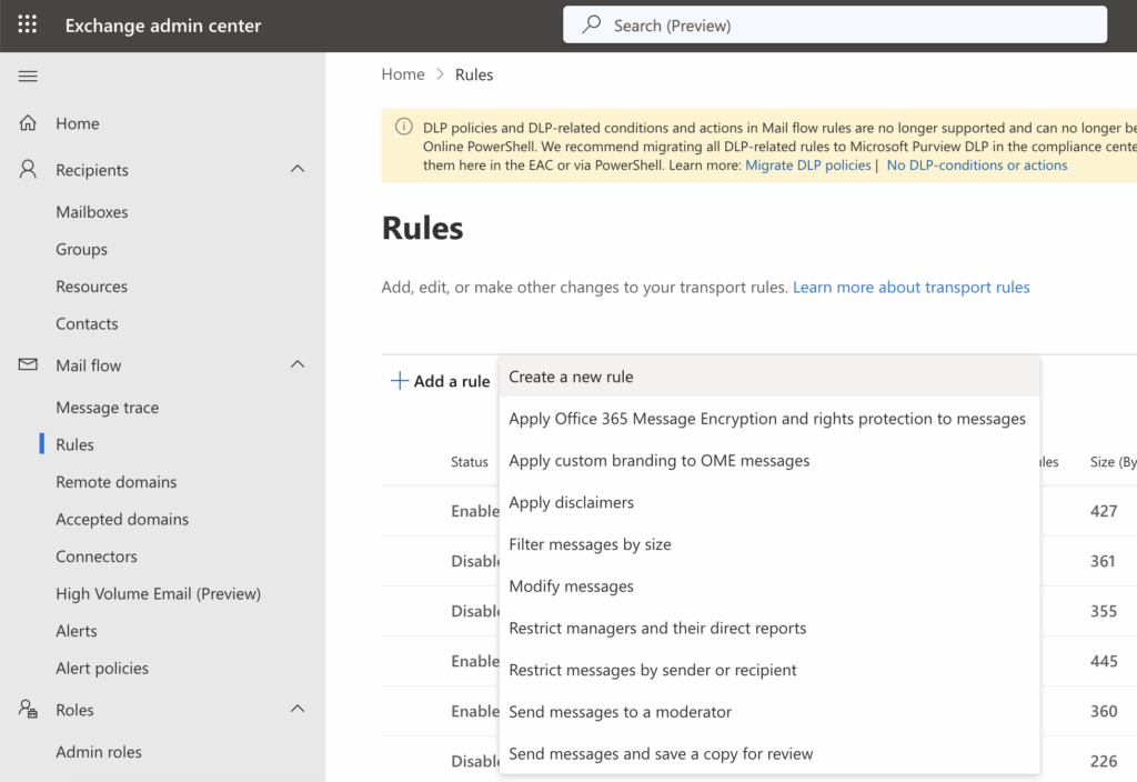 Rules in Exchange admin center