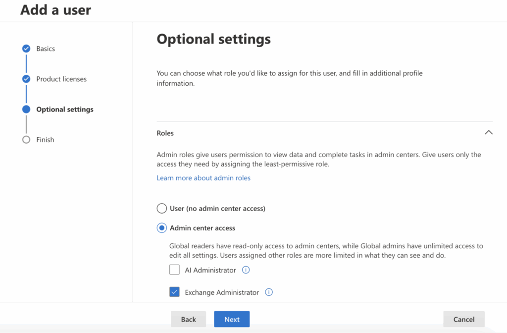 User optional settings in M32 admin center