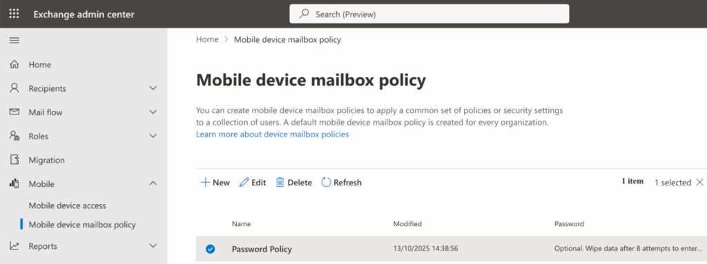 Mobile device mailbox policy in exchange admin center