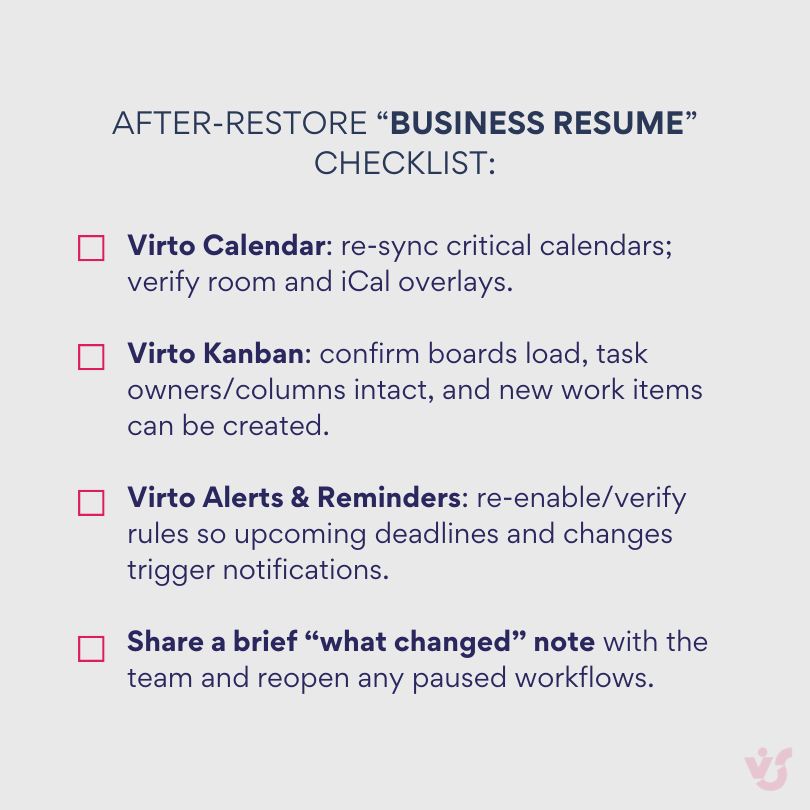 After-restore “Business resume” checklist
