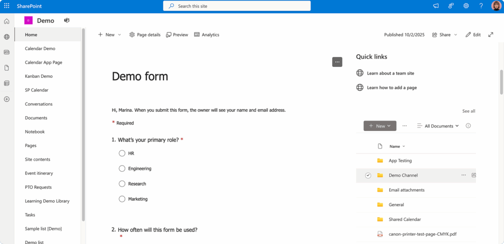 Having a demo form on the republished page on site