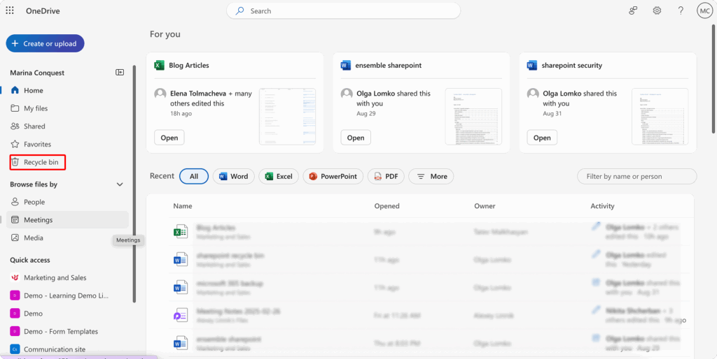 Navigating to recycle bin in OneDrive