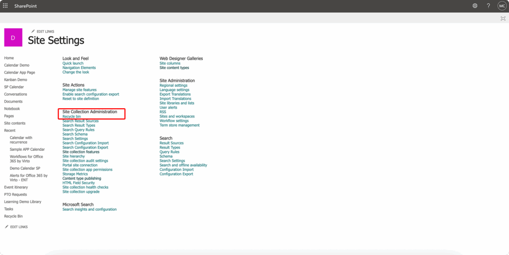 Navigating to the recycle bin from site settings for administrators