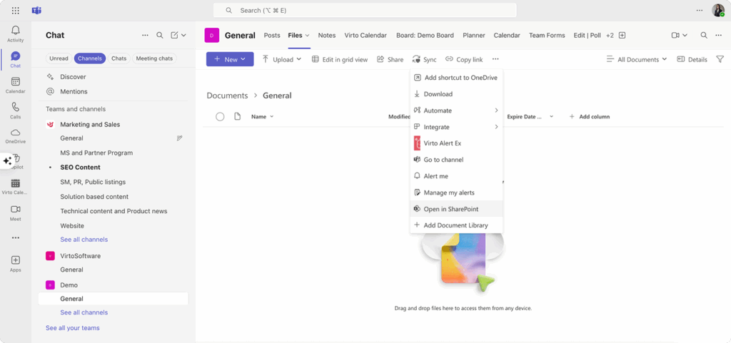 Navigating to the ‘Open in SharePoint’ option in Teams’ Files