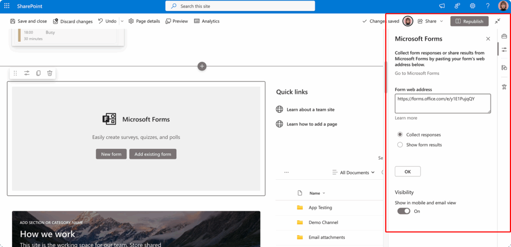 Pasting the code to add existing an Microsoft Form