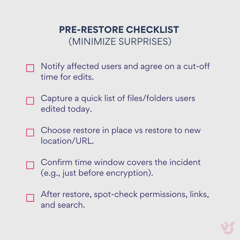 Pre-restore checklist (minimize surprises)